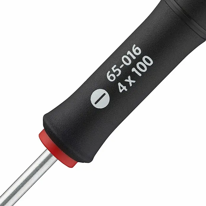 Stanley FatMax Schraubendreher - SL 4 mm, Klingenlänge: 100 mm - Nahaufnahme eines Schlitzschraubendrehers mit schwarzem Griff, Modell 65-016 4 x 100, ideal für präzise Schraubarbeiten.