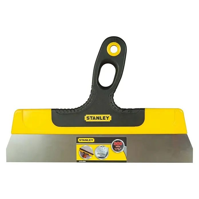 Stanley Flächenspachtel STHT0-05934 - Klingenbreite: 300 mm - Das ist ein Stanley Flächenspachtel, ein Werkzeug mit einer gelben und schwarzen Griff und einer rostfreien Stahlklinge.