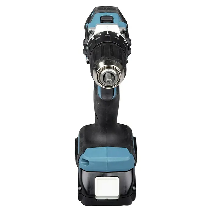 Makita LXT 18V Akku-Bohrschrauber DDF487RAJ - 18 V, 2 Akkus, 2 Ah - Nahaufnahme eines Akku-Bohrschraubers in Schwarz und Türkis mit gut sichtbarem Bohrfutter und Drehmoment-Einstellring.