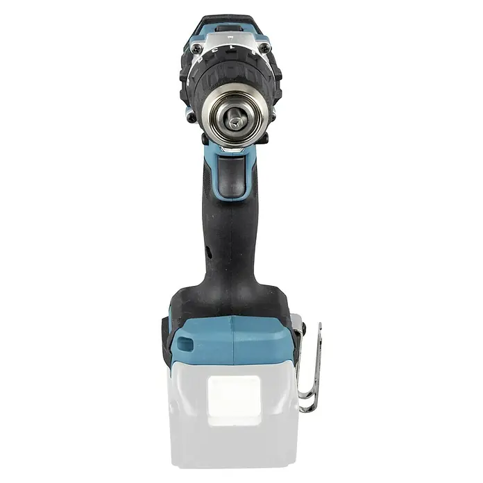 Makita LXT 18V Akku-Bohrschrauber DDF487Z - 18 V, Ohne Akku - Nahaufnahme eines Akku-Bohrers mit blauen Akzenten, der die Vielseitigkeit und das ergonomische Design dieses Elektrowerkzeugs hervorhebt.
