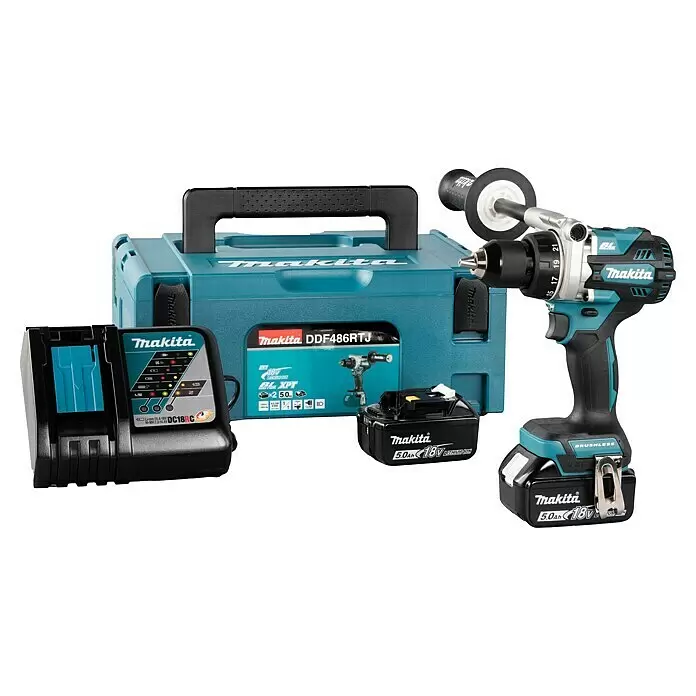 Makita LXT 18V Akku-Bohrschrauber DDF486RTJ18 V, 2 Akkus, 5 Ah, 130 Nm Diagonal View