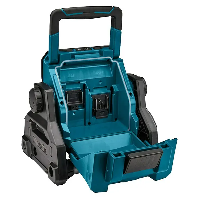 Makita LXT 18V Proyector LED de batería ML003G - 18 V, Sin batería - Lámpara azul Makita para obras con compartimento de batería abierto para baterías LXT y XGT, asa de transporte práctica.
