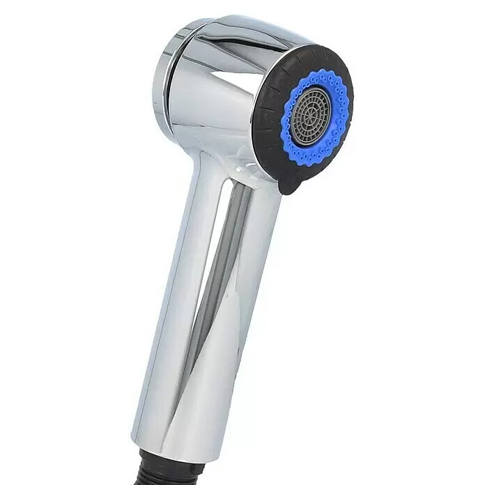 Hansa Handbrause Mix - Anzahl Funktionen: 2 Stk., Chrom - Chrom-glänzende Handbrause mit schwarzem Gummiring und blauer Düsenfläche.