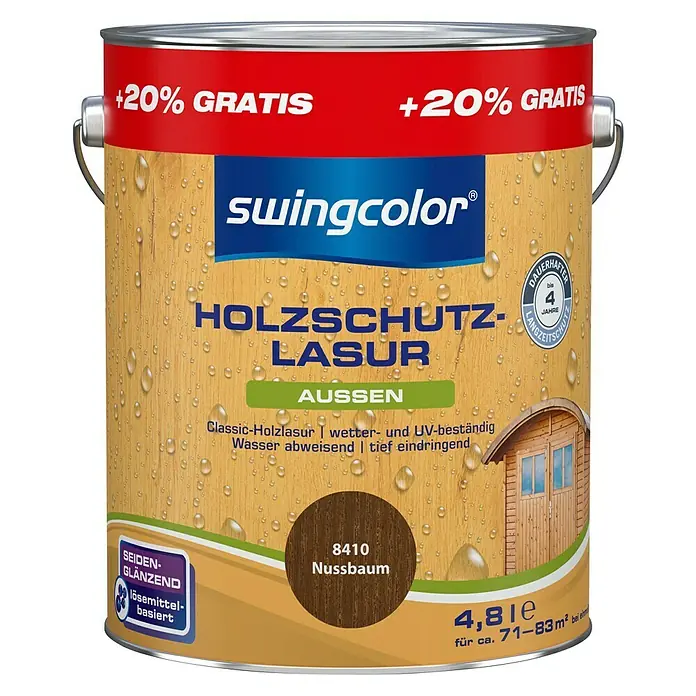 swingcolor Holzlasur - Nussbaum, 4,8 l, Seidenglänzend - Dose Holzschutzlasur Nussbaum von Swingcolor mit '+20% GRATIS' Aufdruck für Außenanwendungen.