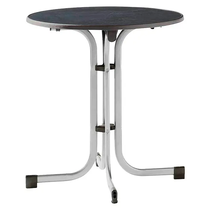 Sieger Balkontisch rund - Ø x H: 70 x 72 cm, Stahl, Mecalit, Klappbar, Graphit/Anthrazit - Ein eleganter, runder Stehtisch mit einem dunklen Oberteil und einem silberfarbenen, dreibeinigen Gestell, ideal für stilvolle Veranstaltungen.