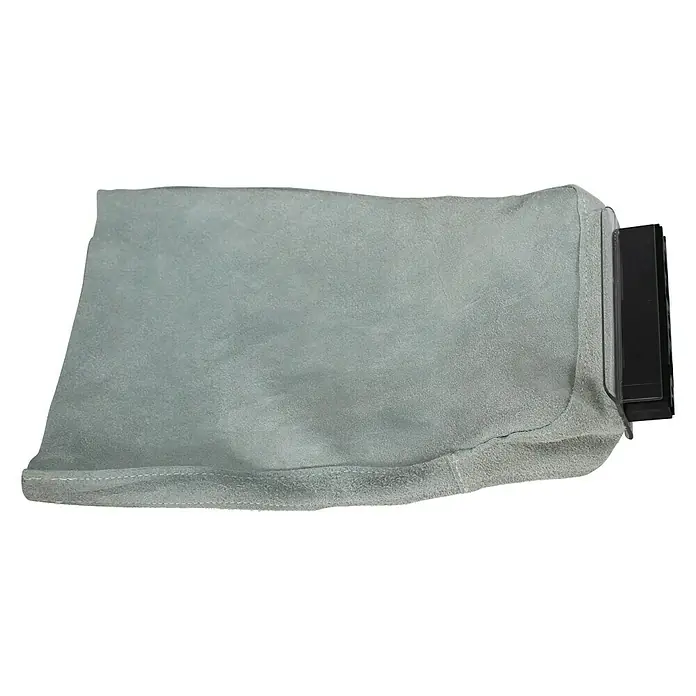 NH-Sicherheitsgriff - Mit Stulpe - Ein Schweißerschutzhandschuh aus Leder mit einem dunklen Kunststoffhalter zur sicheren Handhabung beim Schweißen.