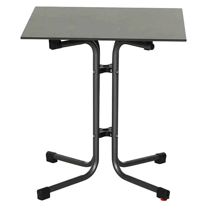 Siena Garden Urban Lights Gartenmöbel-Set Lane Sessel/Sola Tisch - 3 -tlg., Polypropylen, Olive/Anthrazit - Ein stabiler, grauer Klapptisch mit einem robusten Metallgestell, ideal für flexible Nutzung in verschiedenen Räumen.