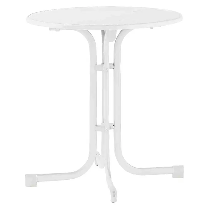 Sieger Balkontisch rund - Ø x H: 70 x 72 cm, Stahl, Mecalit, Klappbar, Weiß - Weißer Bistro-Tisch mit runder Platte und filigranem Metallgestell. Perfekt für Garten, Balkon oder die kleine Kaffeepause.