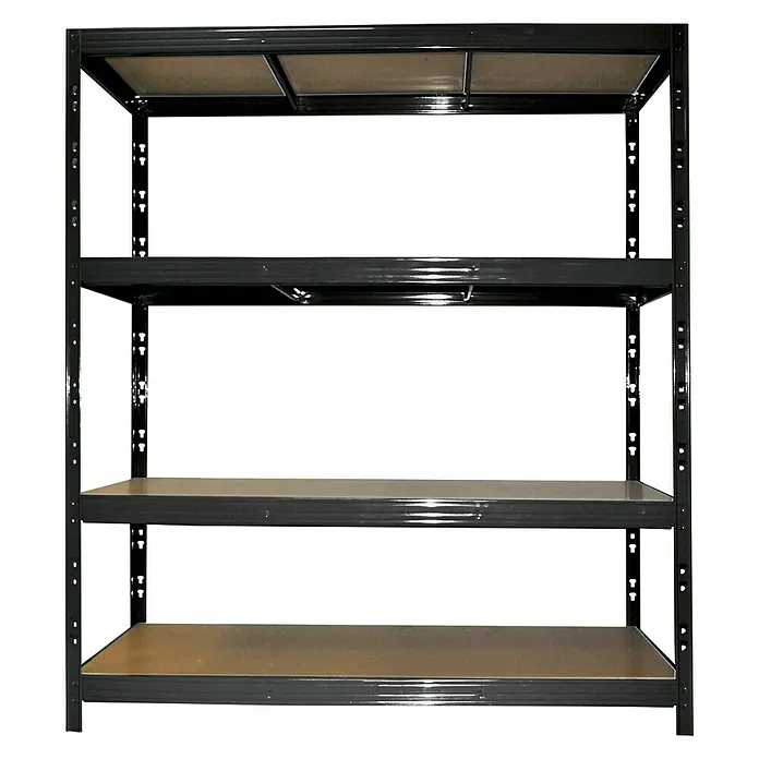 Regalux Schwerlastregal XXL - H x B x T: 185 x 160 x 60 cm, Traglast pro Boden: 350 kg, Anzahl Böden: 4 Stk., Stecken, Schwarz - Ein Metallregal mit vier Böden, ideal für Lagerung und Organisation in Garage oder Keller.