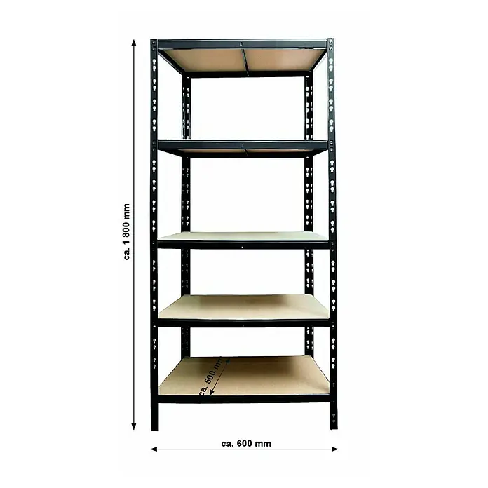 Regalux Schwerlastregal M - H x B x T: 180 x 60 x 50 cm, Traglast pro Boden: 290 kg, Anzahl Böden: 5 Stk., Stecken, Schwarz - Produktbild: Ein Regal mit fünf Holzböden und schwarzem Metallrahmen, ca. 1800 mm hoch und 600 mm breit, ideal für Lagerung.