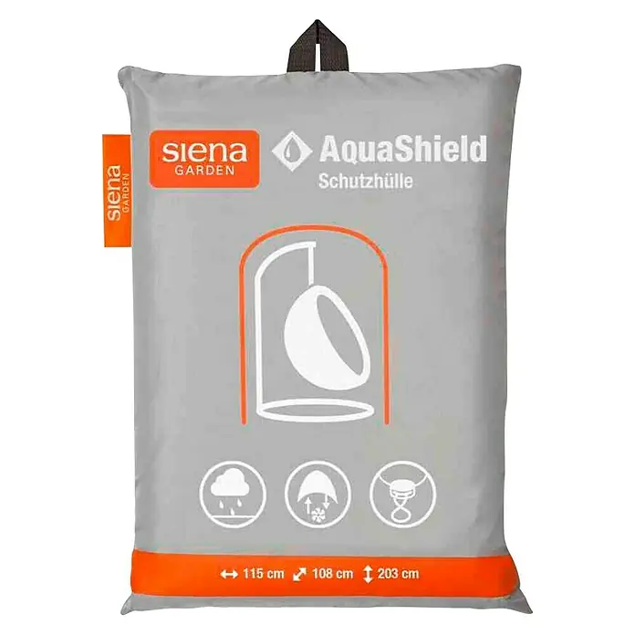 Siena Garden Schutzhülle AquaShield - Passend für: Siena Garden Yobaya Hängesessel - Produktabbildung einer grauen Schutzhülle von Siena Garden Aquashield, die ein hängendes Ei vor Regen und Frost schützt.