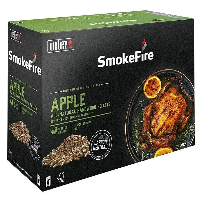 Weber Holzpellets SmokeFire - 8 kg, Apfel - Das Weber SmokeFire Apple Holzpellet sorgt für authentisches Raucharoma beim Grillen. Perfekt für Geflügel mit milder Geschmacksintensität.