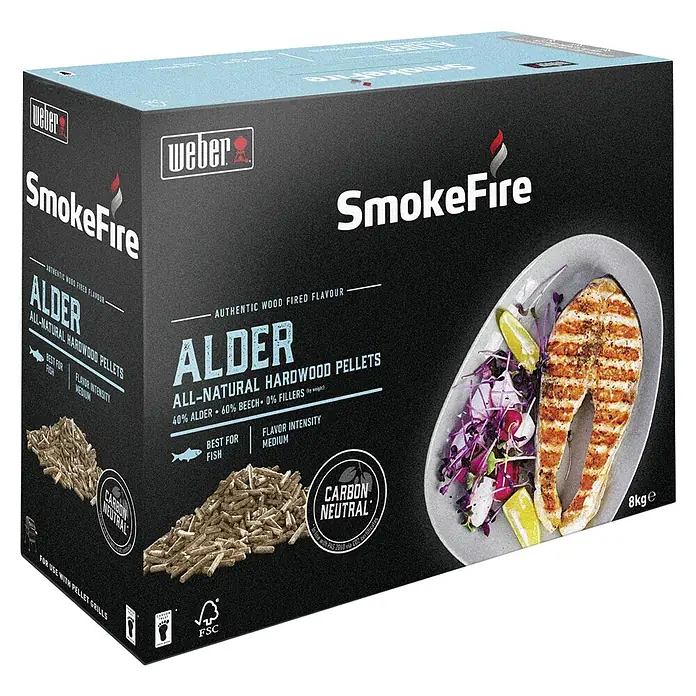 Weber Holzpellets SmokeFire - 8 kg, Erle - Abbildung der Weber SmokeFire Alder Holzpellets. Authentischer Holzgeschmack, ideal zum Grillen von Fisch.