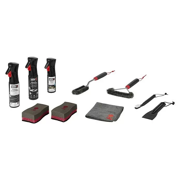 Weber Set para la limpieza para barbacoas esmaltadas Acero inoxidable - 10 pzs. - Una colección de herramientas de limpieza para parrillas Weber: tres aerosoles, dos esponjas, dos cepillos de alambre, un paño de microfibra, un cepillo pequeño y un rascador.