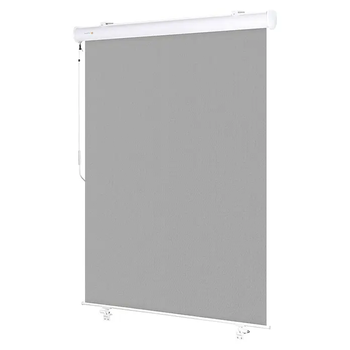 SmartSun Toldo para balcón Neo Lux - Gris piedra, Ancho: 1,4 m - Imagen de un estor enrollable gris para ventanas, completamente desplegado. El estor está equipado con un mecanismo blanco para su operación.