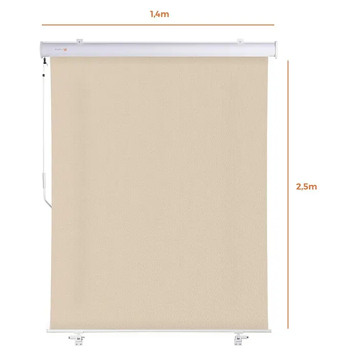 SmartSun Toldo para balcón Neo Lux - Beige arena, Ancho: 1,4 m - Imagen de un estor enrollable beige de SmartSun que mide 1,4m x 2,5m, perfecto para oscurecer habitaciones y proteger del sol.