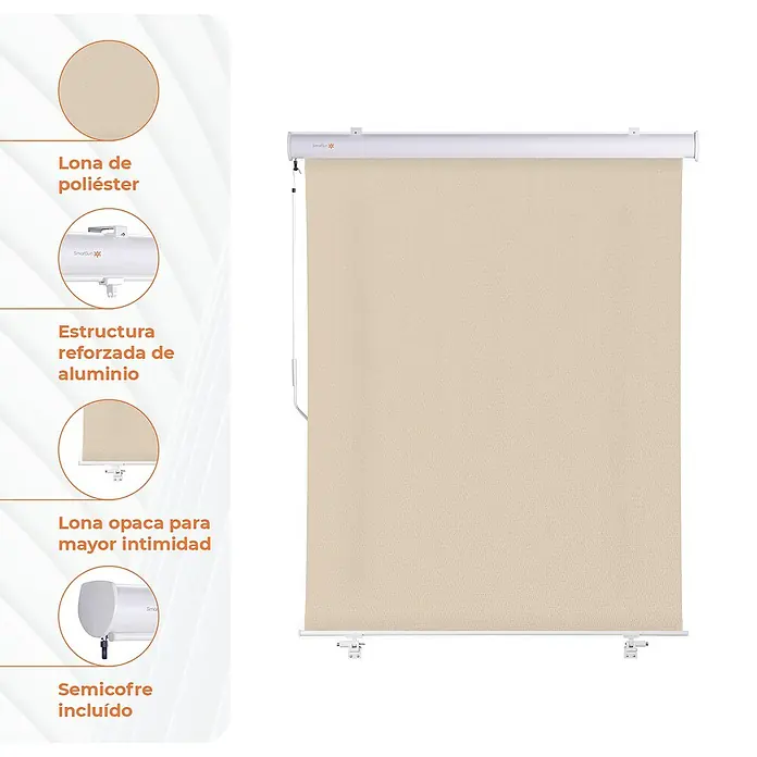 SmartSun Toldo para balcón Neo Lux - Beige arena, Ancho: 1,4 m - Imagen de un estor enrollable de poliéster SmartSun con estructura de aluminio reforzada y tejido opaco para mayor intimidad, semicofre incluido.