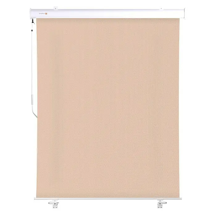 SmartSun Toldo para balcón Neo Lux - Beige arena, Ancho: 1,4 m - Persiana enrollable beige SmartSun para ventanas con marco blanco, proporciona control de luz y privacidad.