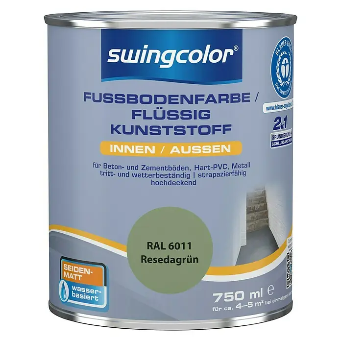 swingcolor 2in1 Fußbodenfarbe / Flüssig Kunststoff 2in1 RAL 6011 - Resedagrün, 750 ml, Seidenmatt - Dose Swingcolor Fussbodenfarbe, flüssig Kunststoff für Innen- und Aussenbereiche, Farbton Resedagrün (RAL 6011), 750ml.