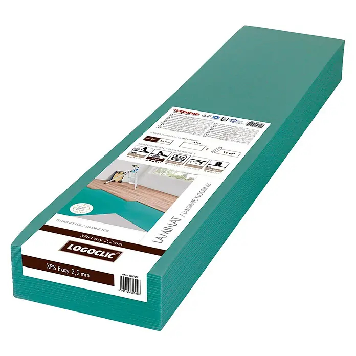 LOGOCLIC Base aislante XPS Easy - 15 m², Espesor: 2,2 mm - Un paquete de base aislante para suelos laminados Logoclic XPS Easy de 2,2 mm, en color verde, apto para la instalación bajo suelos laminados.