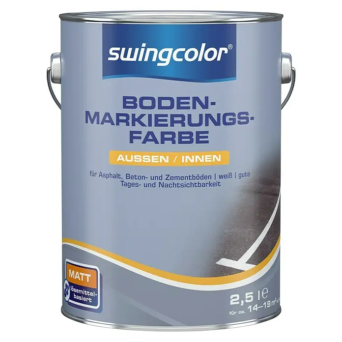 swingcolor Bodenmarkierungsfarbe - Weiß, 2,5 l, Matt - Dose Swingcolor Bodenmarkierungsfarbe, matt, lösemittelbasiert, geeignet für Asphalt, Beton- und Zementböden. Inhalt: 2,5 Liter für ca. 14-19 m².