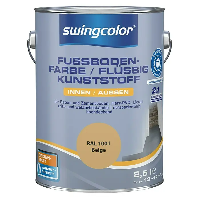 swingcolor 2in1 Fußbodenfarbe / Flüssig Kunststoff 2in1 RAL 1001 - Beige, 2,5 l, Seidenmatt - Dose Swingcolor Fussbodenfarbe für Innen- und Außenbereiche, seidenmatt, wasserbasiert, RAL 1001 Beige, 2,5 l für ca. 13-17 m².