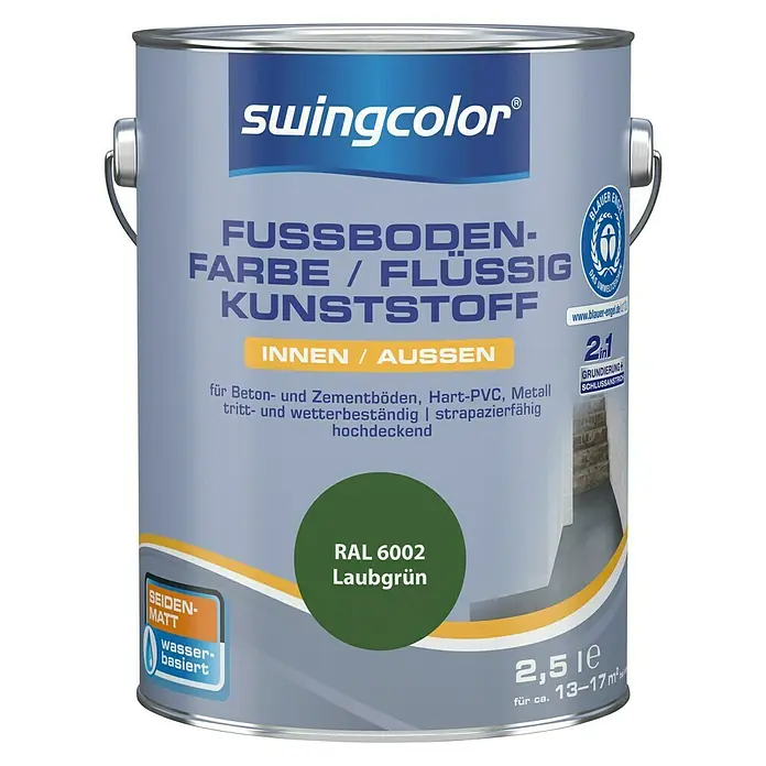 swingcolor 2in1 Fußbodenfarbe / Flüssig Kunststoff 2in1 RAL 6002 - Laubgrün, 2,5 l, Seidenmatt - Farbdose Swingcolor Fussbodenfarbe, flüssiger Kunststoff, RAL 6002 Laubgrün, 2,5 l, für Innen- und Außenbereiche, seidenmatt.