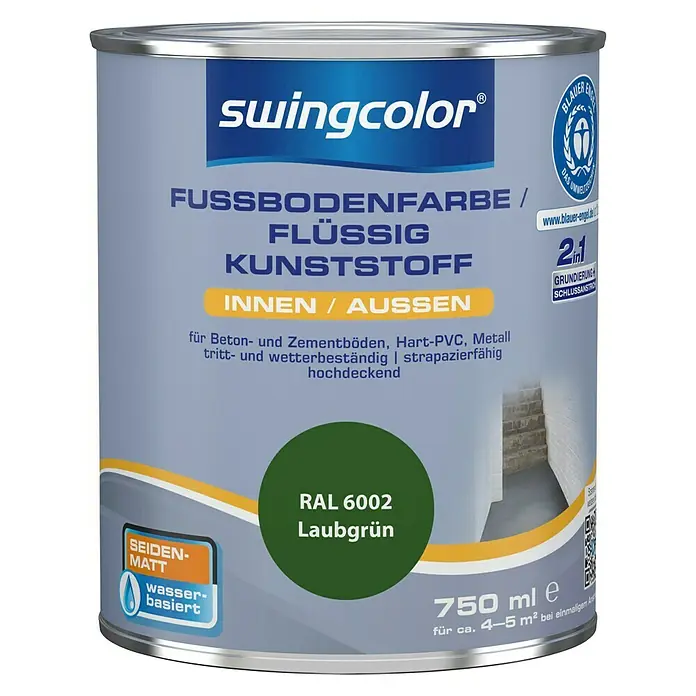 swingcolor 2in1 Fußbodenfarbe / Flüssig Kunststoff 2in1 RAL 6002 - Laubgrün, 750 ml, Seidenmatt - Dose Swingcolor Fussbodenfarbe, flüssig, Kunststoff, RAL 6002 Laubgrün. Für Innen & Außen, wasserbasiert und tritt- und wetterbeständig.