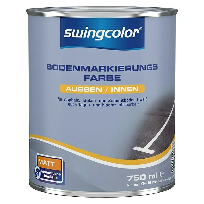 swingcolor Bodenmarkierungsfarbe - Weiß, 750 ml, Matt - Dose Swingcolor Bodenmarkierungsfarbe, matt, lösemittelbasiert, geeignet für Asphalt, Beton und Zementböden, für Innen- und Außenbereich.