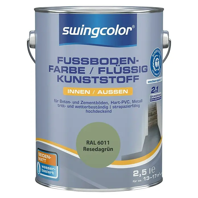 swingcolor 2in1 Fußbodenfarbe / Flüssig Kunststoff 2in1 RAL 6011 - Resedagrün, 2,5 l, Seidenmatt - Dose Swingcolor Bodenfarbe für Innen & Aussen, seidenglänzend, wasserverdünnbar, RAL 6011 Resedagrün, für Beton, Zement, PVC & Metall.