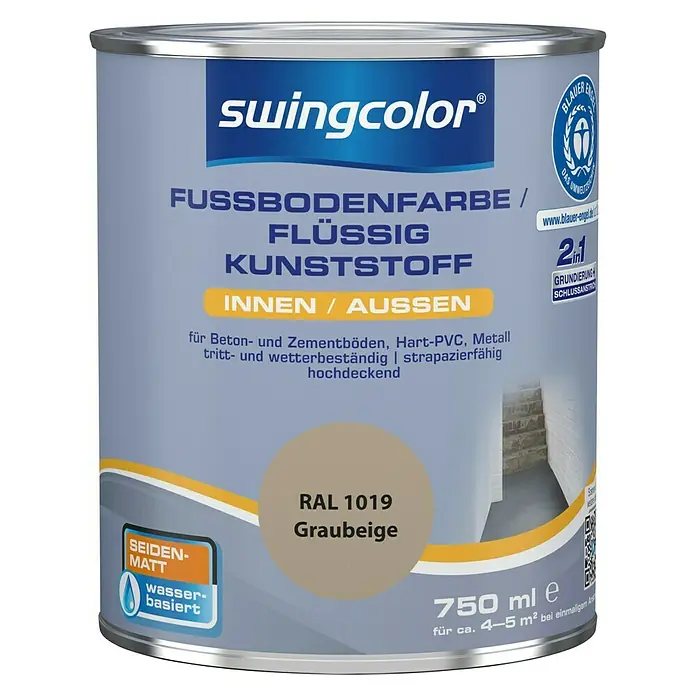 swingcolor 2in1 Fußbodenfarbe / Flüssig Kunststoff 2in1 RAL 1019 - Graubeige, 750 ml, Seidenmatt - Dose Swingcolor Fussbodenfarbe flüssig Kunststoff RAL 1019 Graubeige, seidenglänzend, wasserbasiert, für Innen- und Außenbereich.
