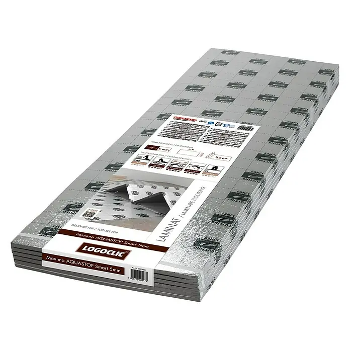 LOGOCLIC Dämmunterlage Maxima Aquastop Smart - 5,55 m², Stärke: 5 mm - Eine Packung Logoclic Maxima AQUASTOP Smart 5mm Laminatunterlage, ideal für Laminatböden, bietet effektiven Schutz vor Feuchtigkeit und Trittschall.