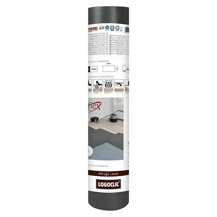 LOGOCLIC Dämmunterlage XPS Light mit Flex - 20 m², Stärke: 1,6 mm - Abbildung einer Logoclic XPS Light 1,6mm Unterlage, ideal zur Trittschalldämmung und Wärmeisolation für Laminat- und Parkettböden.