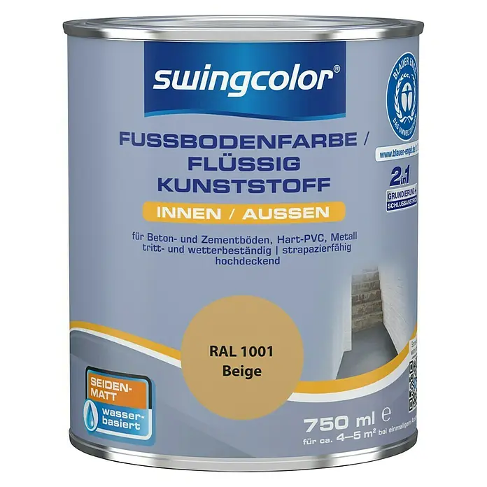 swingcolor 2in1 Fußbodenfarbe / Flüssig Kunststoff 2in1 RAL 1001 - Beige, 750 ml, Seidenmatt - Dose Swingcolor Bodenfarbe flüssig Kunststoff, Farbton RAL 1001 Beige, seidenmatt, wasserbasiert, für Innen- und Außenbereich.