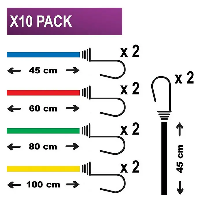 MasterLock Gepäckspanner-Set Twin Wire&Trade - 10 -tlg. - Darstellung eines X10-Packs mit Gummibändern verschiedener Längen und Farben, jeweils mit Hakenenden und Größenangaben.