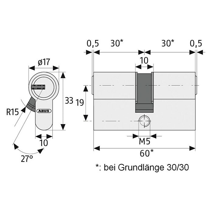 Abus Profilzylinder D6XBaulänge innen: 30 mm, Baulänge außen: 30 mm, Anzahl Schlüssel: 5 Stk. Sketch