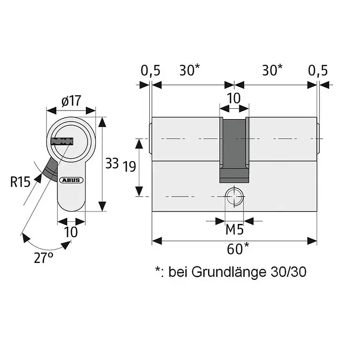 Abus Profilzylinder E30 - Baulänge innen: 40 mm, Baulänge außen: 45 mm, Anzahl Schlüssel: 5 Stk. - Technische Zeichnung eines ABUS Türzylinders mit Bemaßungen zu Durchmesser, Länge und Montageloch.