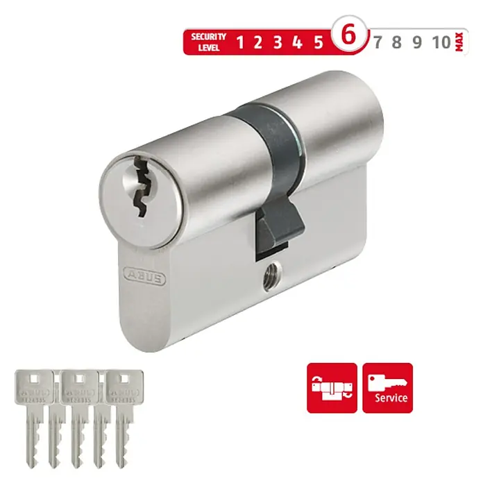 Abus Profilzylinder E30 - Baulänge innen: 40 mm, Baulänge außen: 45 mm, Anzahl Schlüssel: 5 Stk. - Nahaufnahme eines ABUS-Schließzylinders der Sicherheitsstufe 6 mit zugehörigen Schlüsseln und Service-Symbolen.