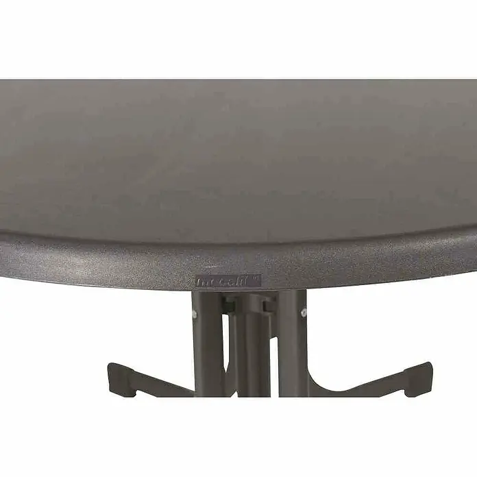 Sieger Gartentisch - L x B x H: 140 x 90 x 72 cm, Stahl, Mecalit, Oval, Anthrazit/Eisengrau - Nahaufnahme eines runden, grauen Klapptisches mit stabilen Beinen, ideal für Veranstaltungen und den einfachen Transport.