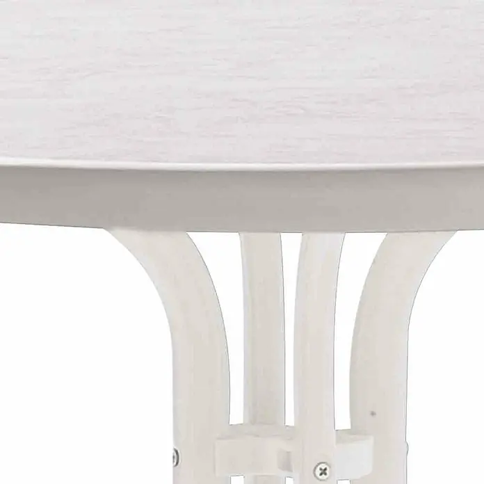 Sieger Balkontisch rund - Ø x H: 86 x 72 cm, Stahl, Mecalit, Klappbar, Weiß - Detailaufnahme eines runden, weißen Beistelltisches mit Holzplatte und einem Gestell aus mehreren Streben.