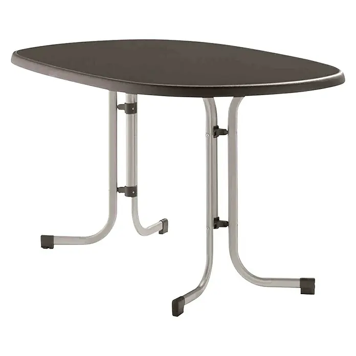 Sieger Gartentisch - L x B x H: 140 x 90 x 72 cm, Stahl, Mecalit, Oval, Anthrazit/Graphit - Das Bild zeigt einen ovalen Esstisch mit einem dunklen Tischblatt und einem silberfarbenen Gestell. Ideal für kleine Räume und moderne Einrichtungen.