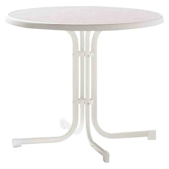Sieger Balkontisch rund - Ø x H: 86 x 72 cm, Stahl, Mecalit, Klappbar, Weiß - Abbildung eines weißen runden Tisches mit einem robusten Gestell, ideal für drinnen und draußen, bietet eine stilvolle und funktionale Oberfläche.
