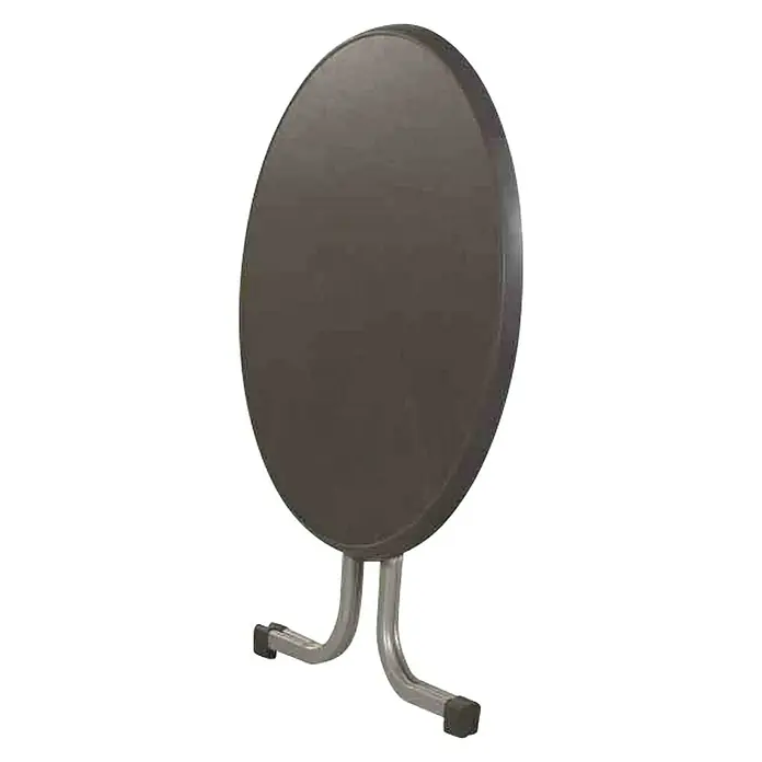 Sieger Balkontisch rund - Ø x H: 86 x 72 cm, Stahl, Mecalit, Klappbar, Graphit/Anthrazit - Abbildung eines Klapptisches mit runder, brauner Tischplatte und silberfarbenem Metallfuß. Praktisch für kleine Räume.
