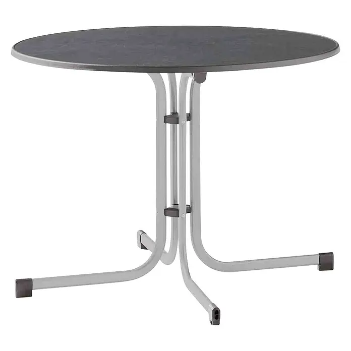 Sieger Gartentisch rund - Ø x H: 100 x 72 cm, Stahl, Mecalit, Graphit, Klappbar - Ein grauer runder Tisch mit einem silbernen Gestell, ideal für den Innen- und Außenbereich. Perfekt für kleine Räume und Balkone.