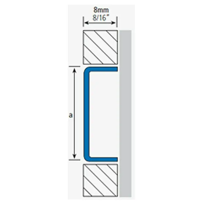 Perfil en U decorativo - Acero inoxidable, Acero inoxidable, 2,5 m x 8 mm - Vista detallada de un perfil azul en forma de U con dimensiones de 8 mm o 8/16 de pulgada, encajado entre dos componentes de construcción.