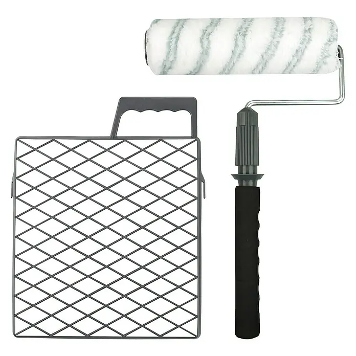 Farbroller-Set Wow Plus+ - 3 -tlg. - Farbroller-Set mit Farbroller, Griff und Abstreifgitter für gleichmäßiges Auftragen von Farbe auf verschiedenen Oberflächen.