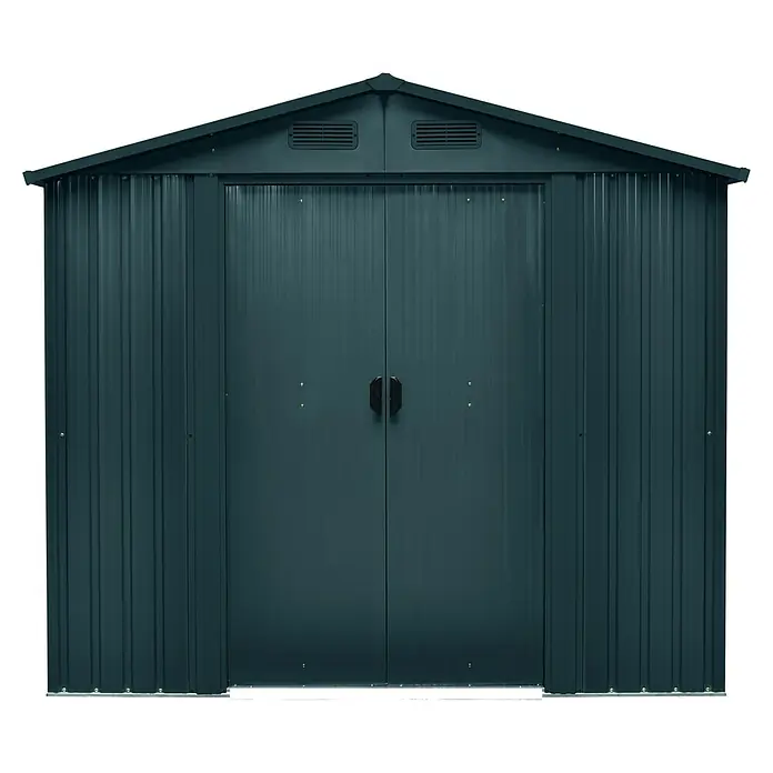 Gardol Gerätehaus Top Shed - Außenmaß inkl. Dachüberstand (B x T): 236 x 196 cm, Stahl, Anthrazit - Das Bild zeigt ein dunkelgrünes Metallgartenhaus mit Doppeltür. Das Gartenhaus hat ein Satteldach und Lüftungsschlitze unter dem Dachfirst.