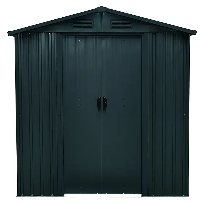 Gardol Gerätehaus Top Shed - Außenmaß inkl. Dachüberstand (B x T): 194 x 153 cm, Stahl, Anthrazit - Ein schwarzes Metall-Gartengerätehaus mit Doppeltüren und Lüftungsschlitzen im Giebelbereich, ideal für die Gartenaufbewahrung.