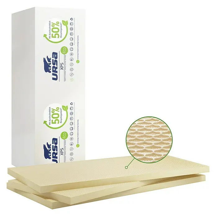 Ursa Hartschaumplatte XPS ECO D N-III-PZ-I - 125 cm x 60 cm x 30 mm, 0,75 m² - URSA XPS Dämmplatten aus recyceltem Material. Ideal für energieeffiziente Bauprojekte, mit Fokus auf Nachhaltigkeit und Umweltfreundlichkeit.
