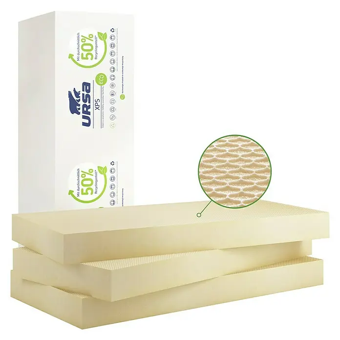 Ursa Hartschaumplatte XPS ECO D N-III-PZ-I - 125 cm x 60 cm x 80 mm, 0,75 m² - Produktbild von URSA XPS Dämmplatten mit 50% Recyclinganteil, ideal für energieeffiziente und nachhaltige Bauprojekte.